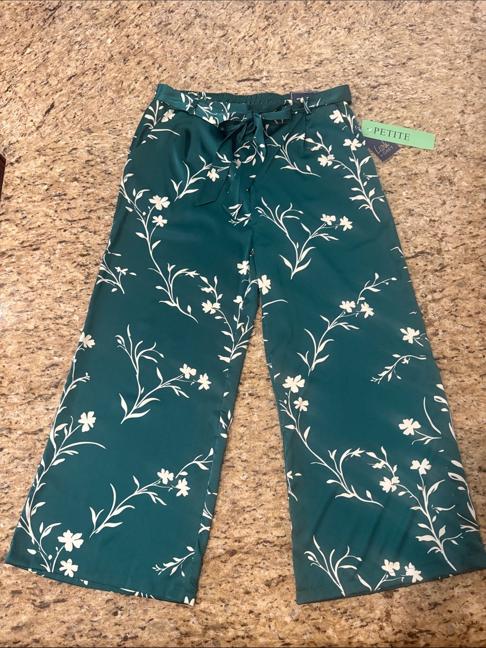 Dark Green Floral Tie-Waist Wide Leg Pants